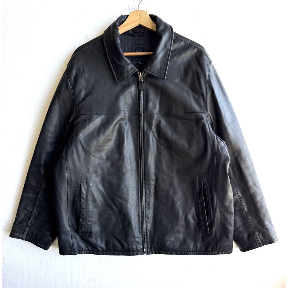 VTG Genuine Leather Bomber Jacket Men’s Large Full Zip Black Moto Biker Coat